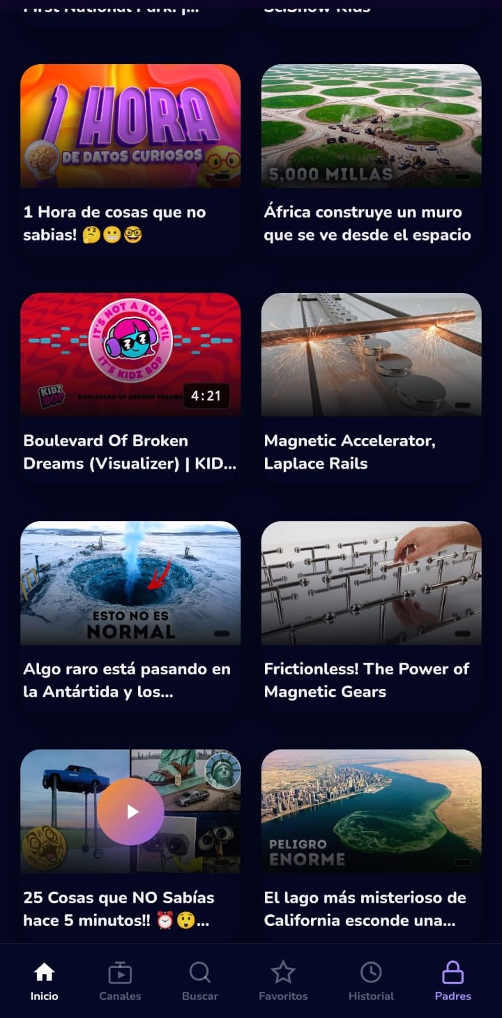La app de MiraKidz mostrando videos aprobados para el niño